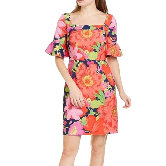 Trina Turk Bold Floral Designer Dress Sheath Flutter Sleeve Scuba Knit Size 2 - Picture 1 of 9